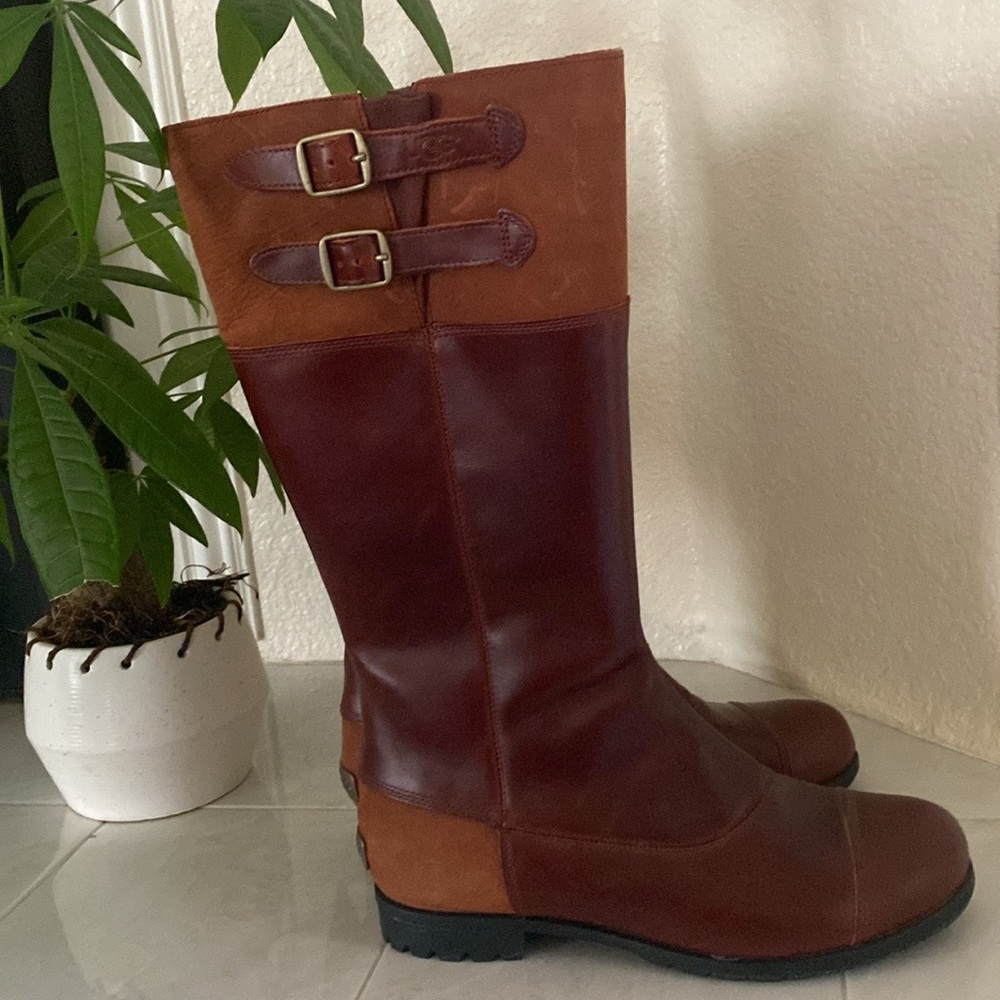 NWOT UGG tall cap toe cognac leather boots with shearling